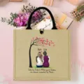 Personalized jute tote bag for sisters with custom names and heartfelt sister quote detail view. - Style 2