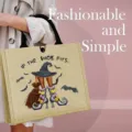 Detailed view of the Halloween witch style jute tote bag with cute graphic and durable handle. - The Witch Style