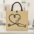 Customized nurse jute tote bag with stethoscope heart design and personalized name, ideal gift. - Style 1
