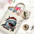 Christmas shark print canvas tote bag, large capacity casual shoulder shopping bag. - Christmas Shark Style / L