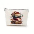 Canvas cosmetic bag with a lovely book and floral print design, perfect for daily makeup storage. - Stacked Books Style (4)