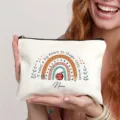 Custom teacher makeup bag canvas zipper pouch with rainbow pencil apple design and name. - Style 4