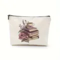 Close-up detail of the canvas cosmetic pouch featuring a vintage book and floral illustration print. - Book And Coffee Style (1)