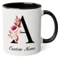 Detailed view of custom name alphabet mug floral design ceramic coffee cup white and black - 350ml / Letter A