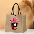 Detailed view of jute burlap tote bag with elegant peony flowers and red heels print. - Pattern 2