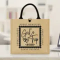 Detail view of the durable jute tote bag featuring stylish Girl's Trip 2025 print and sturdy handles. - Travel Girl Commemorative Print Style