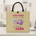 Detailed view of the durable jute tote bag featuring cute yarn crochet hobby print. - Style 1 / Natural Hemp