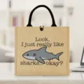 Cute shark print jute tote bag with black handles for shopping, picnic, and travel use. - Shark Printed Style (1)