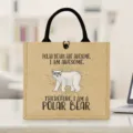 Cute polar bear print jute tote bag for outdoor picnic, shopping and daily use with handles. - Polar Bear Printed Style
