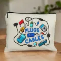 Leinwand Reißverschluss Tasche mit süßem Stecker Kabel Druck, perfekte Kosmetiktasche. - Plugs Cables Beige Stil (65)