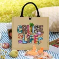 Detailed view of casual jute tote bag with summer cruise life print and sturdy black handles. - Cruise Life Holiday Print Style (4)