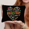 Teacher makeup bag, black cosmetic pouch with colorful heart design, perfect gift for teachers. - Style 1 (Spanish Heart Maestra) / Black