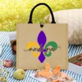 Burlap tote bag with Mardi Gras fleur-de-lis print, stylish jute handbag for women. - Mardi Gras Fleur-de-lis Print Style (2)