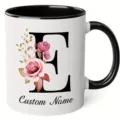 Personalized letter E pink floral ceramic mug with black handle for coffee tea juice - 350ml / Letter E