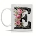 White ceramic coffee mug featuring an elegant vintage floral letter E monogram design for office use. - Letter E