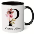 Custom letter P ceramic coffee mug with floral design, black handle and rim for office use. - 350ml / Letter P