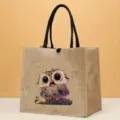 Süsses Eulen-Print Detail auf modischer Jute-Tasche, lässige Handtasche für den Alltag. - Stil 8