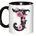 Tasse en céramique créative avec imprimé floral, poignée et intérieur noirs pour cadeau. - Style Baroque Lettre J