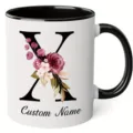 Custom Letter Floral Ceramic Coffee Mug with Black Handle and Rim for Office Use - 350ml / Letter X