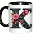 Tasse a cafe en ceramique motif lettre K florale,anse et bord noirs,idee cadeau ideale. - Lettre Capitale Vigne K
