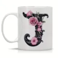 White ceramic coffee mug with floral letter J design, perfect for office and daily use. - Letter J