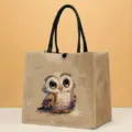 Nahaufnahme Detailansicht der süßen Cartoon Eule Druck Jute Tragetasche, Freizeithandtasche. - Stil 5