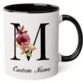 Custom letter M ceramic coffee mug with watercolor floral design and black handle for office. - 350ml / M