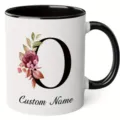 Ceramic coffee mug with custom floral letter O design, black handle and rim, perfect office gift. - 350ml / Letter O
