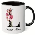 Custom letter floral ceramic coffee mug with black handle and rim, personalized monogram. - 350ml / L
