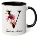 Custom letter V ceramic coffee mug with floral design, ideal for office and home use. - 350ml / Letter V