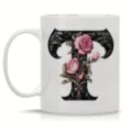 Ceramic coffee mug featuring elegant gothic letter T and pink roses for office and home use detail. - Letter T
