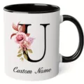 Personalized letter U floral ceramic coffee mug with black handle for office and home daily use. - 350ml / Letter U
