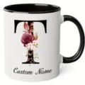 Ceramic coffee mug with letter T and floral design, custom name personalized gift for office and home use. - 350ml / Letter T