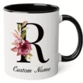 Custom floral letter R ceramic coffee mug with black handle, personalized name gift cup. - 350ml / Letter R