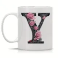 Ceramic coffee mug featuring an elegant floral letter Y design, perfect for office and home. - Letter Y