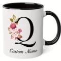 Custom letter Q ceramic mug with floral design, black handle, perfect for coffee and office use. - 350ml / Letter Q