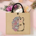 Large capacity burlap tote bag with cute floral hedgehog print, retro casual shopping handbag. - Floral Hedgehog Style