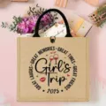 Detailed view of custom linen tote bag with Girl's Trip print, natural burlap fabric. - Holiday Girl Print Style (1)