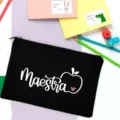 Black canvas pencil case and makeup bag featuring Spanish teacher Maestra text and apple print. - Black White Text Apple Style (6)