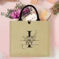 Personalisierbare Jute-Tragetasche mit schwarzen Henkeln, Anfangsbuchstabe I für Strand und Geschenke. - Buchstabe I