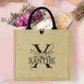 Personalisierte Jute-Tragetasche mit Anfangsbuchstabe X und Blumen, wiederverwendbare Tasche. - Buchstabe X