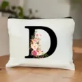 Leinwand Kosmetiktasche mit großem Buchstaben D und Aquarell Blumenmuster für die Aufbewahrung. - Buchstabe D