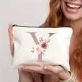 Leinwand Kosmetiktasche mit rosafarbenem Buchstaben Y und Blumenmuster für Make-up. - Buchstabe Y
