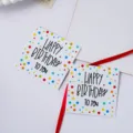 Mini Happy Birthday greeting cards with colorful dots and red ribbon for flower and cake. - 50 Pieces/Pack (Style E)