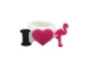 Cute cartoon flamingo silicone ring detail shot, pink heart and soft rubber material. - Heart
