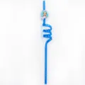 Detailed close-up view of the blue plastic curly straw featuring a cute cartoon mermaid decor. - Sapphire Blue