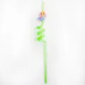 Green curly plastic straw featuring a cute pink hair mermaid cartoon character detail. - Green