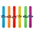 Colorful cartoon race car slap bracelets details, showing six vibrant colors and cute racing designs. - Random Mixed Racing Car Slap Bracelets