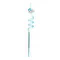 Close-up of cute blue plastic curly drinking straw with cartoon cloud and bow design for party. - Cloud Light Blue