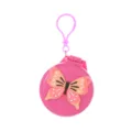 Portable folding pink hairbrush detail shot, cute butterfly design, compact mirror comb. - Butterfly Mirror Comb / Rose Red